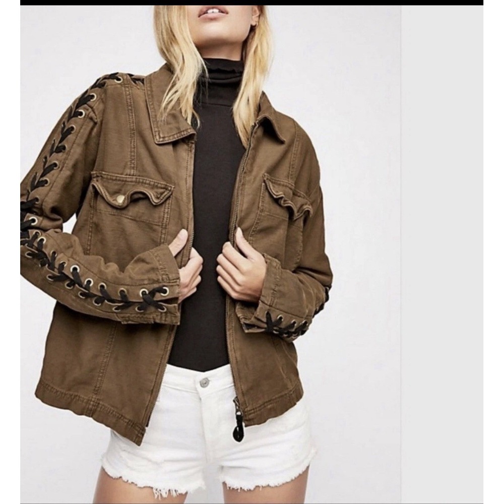 Free People Faye 100% Cotton GrungeMilitary Jacket Green Olive Lace Up Sleeve S